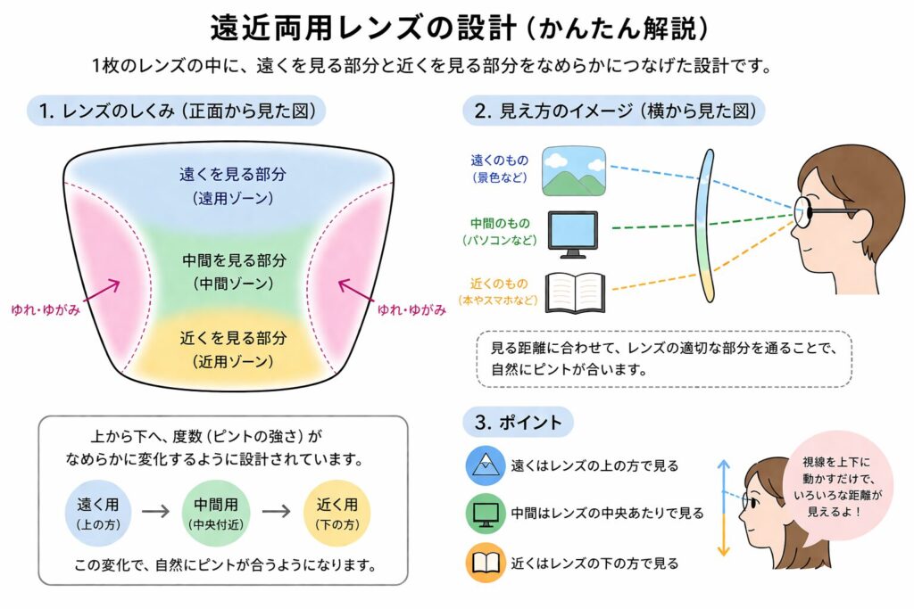 遠近両用レンズのしくみ：遠用・中間・近用ゾーンと見え方エリアの解説図